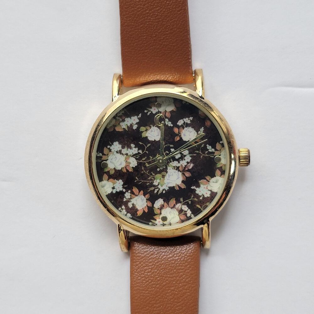 Womens Watch Floral Brown Dial 33mm Gold Case Brown Leather Strap Quartz Analog